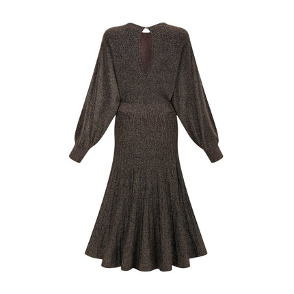 Daphne Brown Metallic Threaded Ribbed Knit Midi Dress