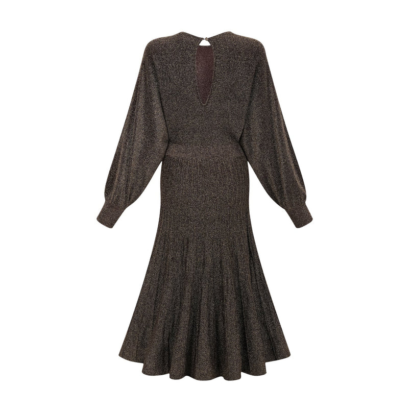 Daphne Brown Metallic Threaded Ribbed Knit Midi Dress
