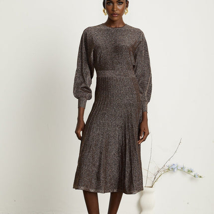 Daphne Brown Metallic Threaded Ribbed Knit Midi Dress