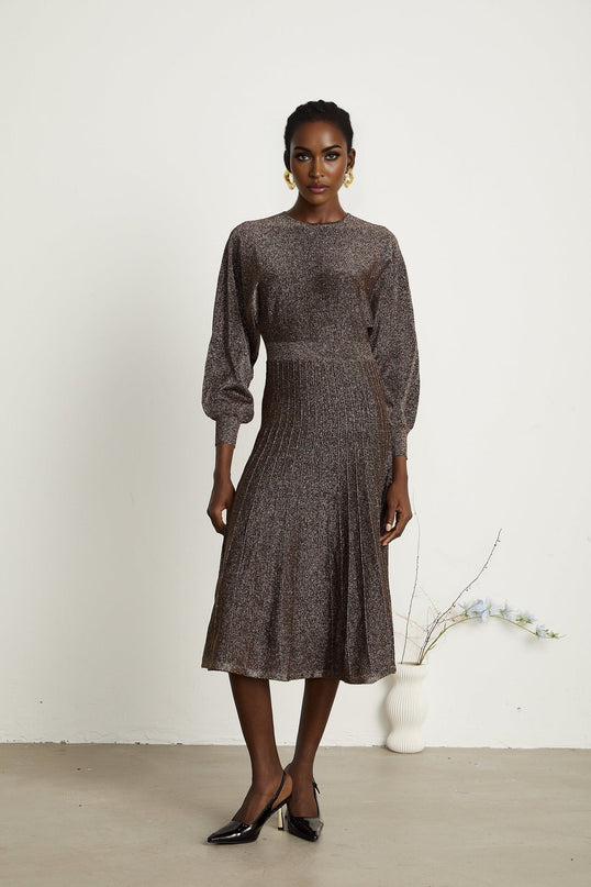 Daphne Brown Metallic Threaded Ribbed Knit Midi Dress