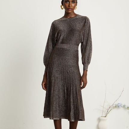 Daphne Brown Metallic Threaded Ribbed Knit Midi Dress