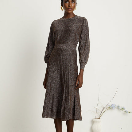 Daphne Brown Metallic Threading Ribbed Knit Midi Dress with Long Sleeves and Flared Skirt