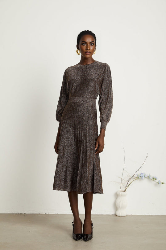 Daphne Brown Metallic Threading Ribbed Knit Midi Dress with Long Sleeves and Flared Skirt