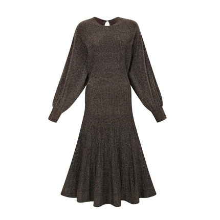 Daphne Brown Metallic Threading Ribbed Knit Midi Dress with Long Sleeves and Round Neck