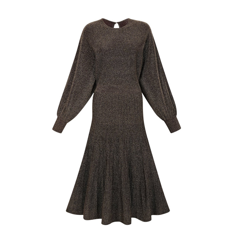 Daphne Brown Metallic Threading Ribbed Knit Midi Dress with Long Sleeves and Round Neck