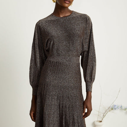Daphne Brown Metallic Threading Ribbed Knit Midi Dress