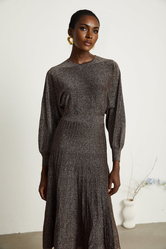Daphne Brown Metallic Threading Ribbed Knit Midi Dress