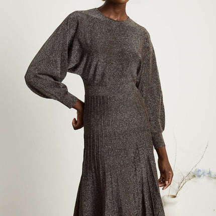 Daphne Brown Metallic Threading Ribbed Knit Midi Dress with Flared Skirt and Long Sleeves