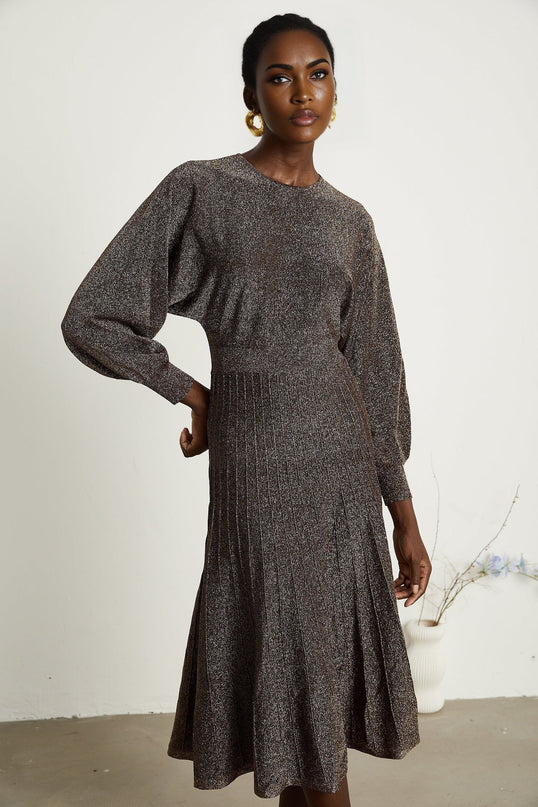 Daphne Brown Metallic Threading Ribbed Knit Midi Dress with Flared Skirt and Long Sleeves