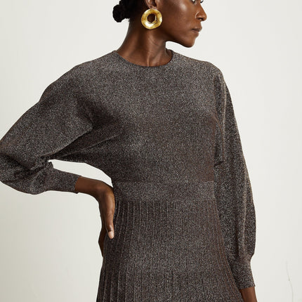 Daphne Brown Metallic Threading Ribbed Knit Midi Dress with Flared Skirt and Long Sleeves