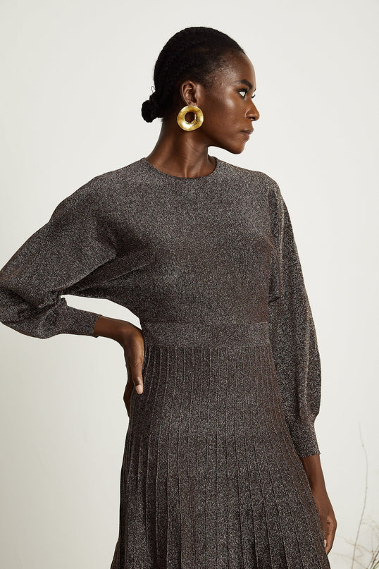 Daphne Brown Metallic Threading Ribbed Knit Midi Dress with Flared Skirt and Long Sleeves