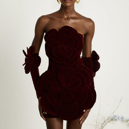 Daphne Mini Dress in Red Velvet with Floral Appliqué
