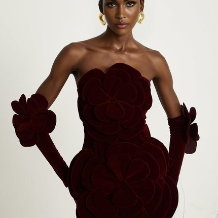 Daphne Red Velvet Floral Appliqué Mini Dress