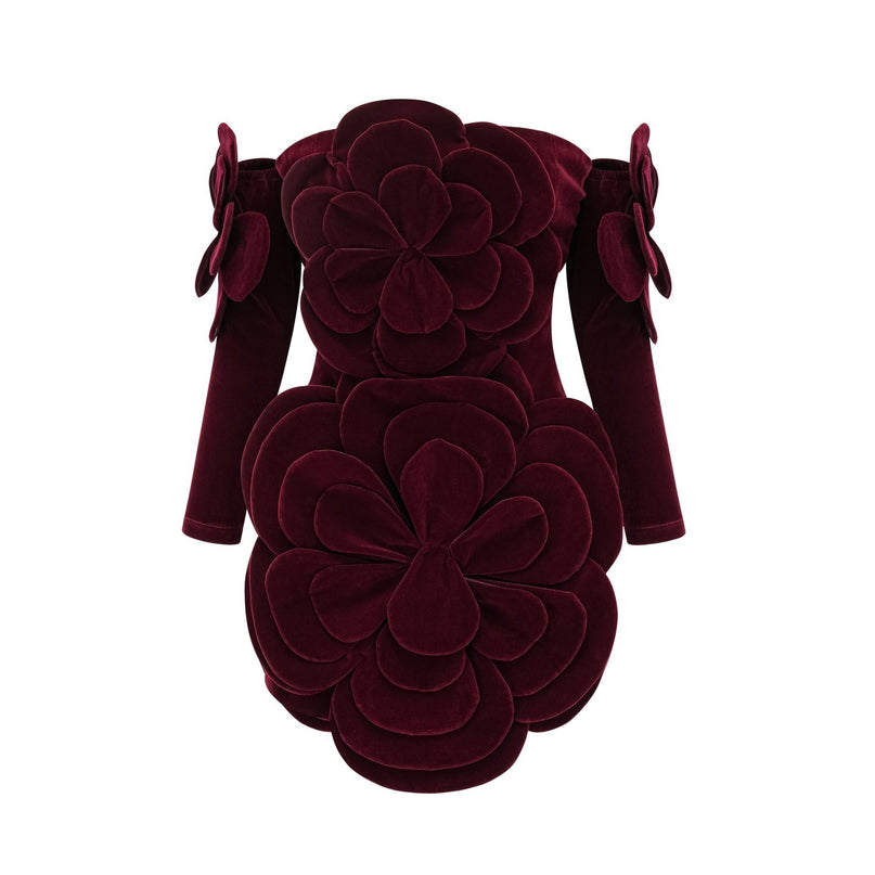 Daphne Red Velvet Floral Appliqué Mini Dress