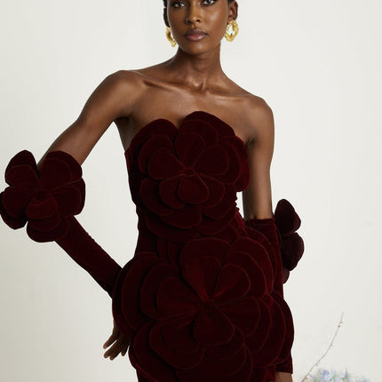 Daphne Red Velvet Floral Appliqué Mini Dress