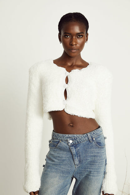 Daphné white fluffyknit cropped cardigan