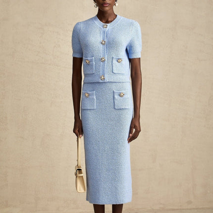 Daria Blue Knit Matching Set Blouse Skirt Luxury Acrylic Fashionista