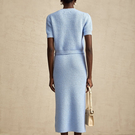 Daria Blue Knit Matching Set Blouse Skirt Acrylic Luxury Fashionista