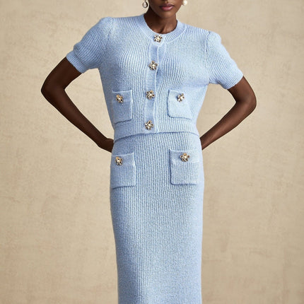 Daria Blue Knit Matching Set Blouse Skirt Luxury Acrylic Fashionista