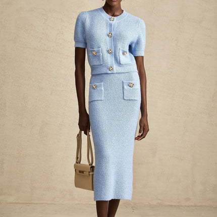 Daria Blue Knit Matching Set Blouse Skirt Luxury Fashion