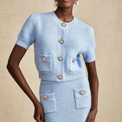 Daria Blue Knit Matching Set Blouse Skirt