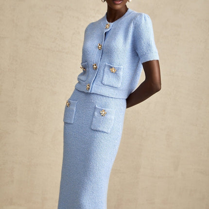 Daria Blue Knit Matching Set Blouse Skirt Luxury Acrylic Fashionista