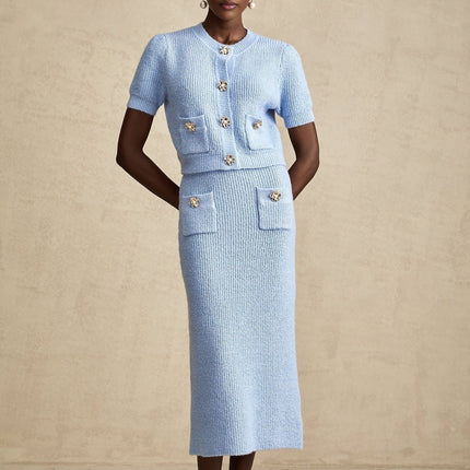 Daria Blue Knit Matching Set Blouse Skirt