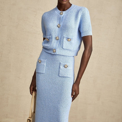 Daria Blue Knit Matching Set Blouse Skirt Luxury Fashion
