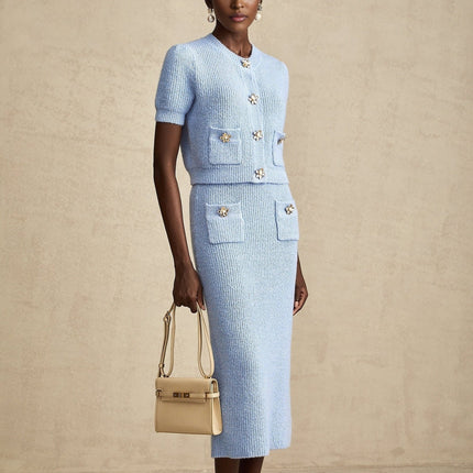 Daria Blue Knit Matching Set Blouse Skirt Luxury Acrylic Fashionista