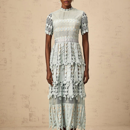 Daria Floral Midi Dress Blue & Green Embroidered Lace Trim Tiered Design Cut-Out Detail Button Zip Fastening Terylene Spandex