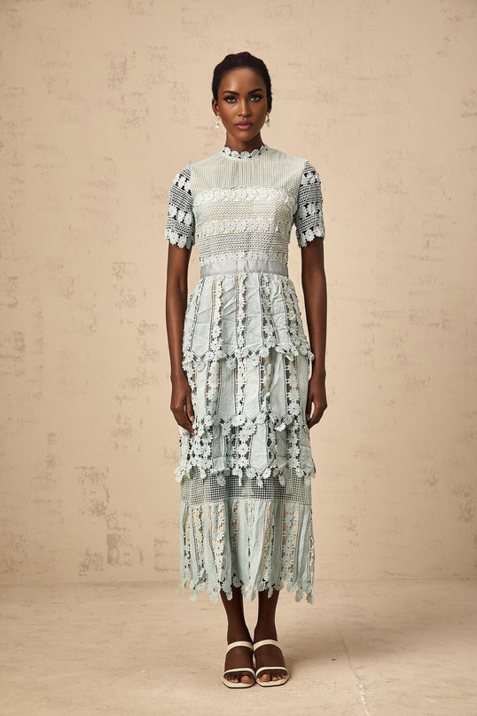 Daria Floral Midi Dress Blue & Green Embroidered Lace Trim Tiered Design Cut-Out Detail Button Zip Fastening Terylene Spandex