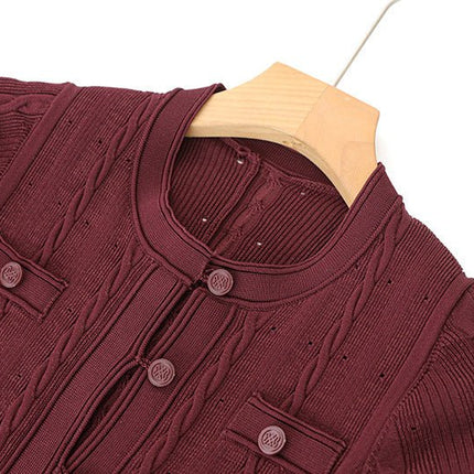 Daria in Red Cable Knit Button-Down Cardigan