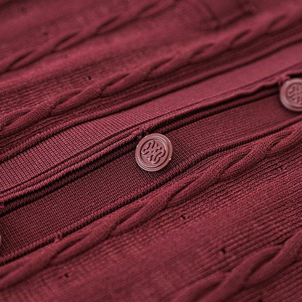 Daria wearing a Red Cable Knit Button-Down Cardigan