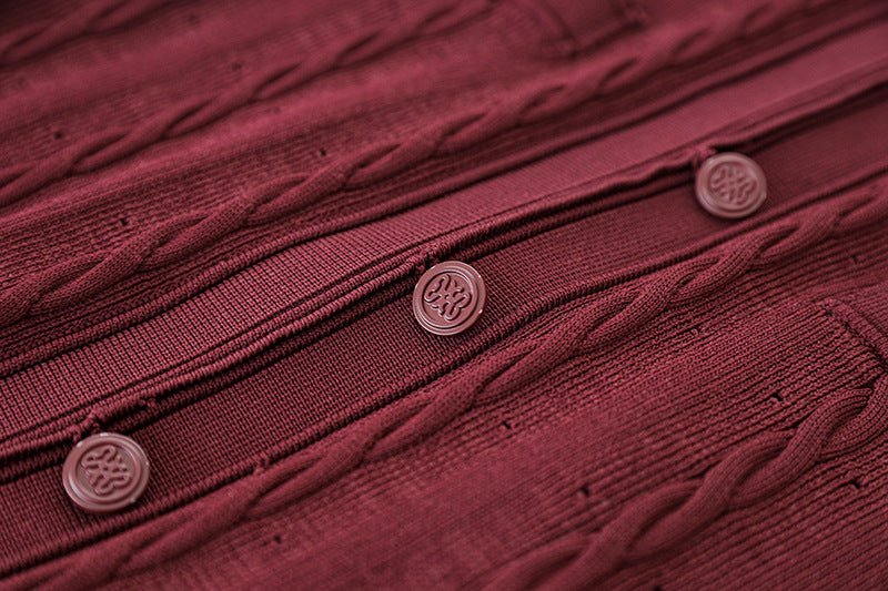 Daria wearing a Red Cable Knit Button-Down Cardigan