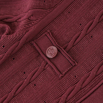 Daria in Soft Burgundy Cable Knit Button-Down Red Cardigan