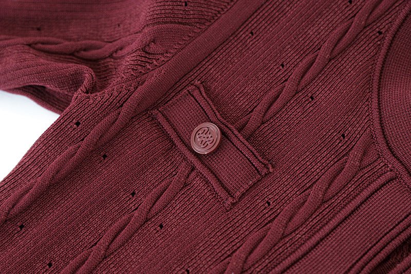 Daria in Soft Burgundy Cable Knit Button-Down Red Cardigan