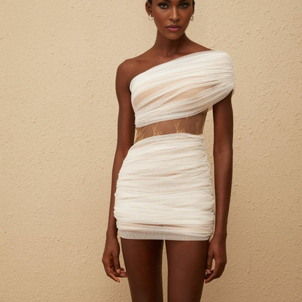 Daria White Mini Dress Tulle Floral Lace One Shoulder Ruched Fitted Sleeveless Thigh-Length Nylon