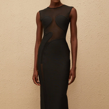 Dayana Black Maxi Dress Knitted Mesh Panel Round Neck Sleeveless Rear Slit Zip Fastening 90% Rayon 9% Nylon 1% Spandex