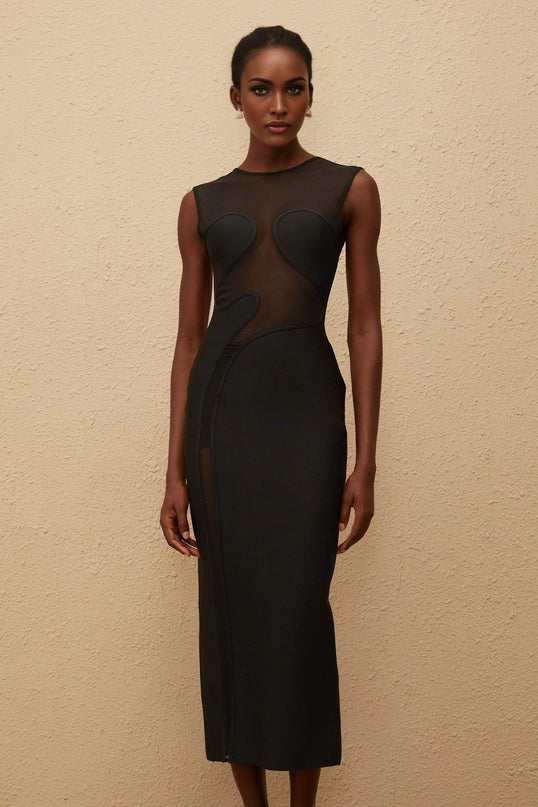 Dayana Black Maxi Dress Knitted Mesh Panel Round Neck Sleeveless Rear Slit Zip Fastening 90% Rayon 9% Nylon 1% Spandex