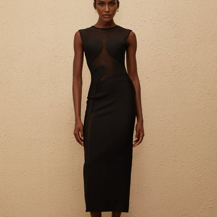 Dayana Black Maxi Dress Knitted Mesh Panel Round Neck Sleeveless Rear Slit Zip Fastening 90% Rayon 9% Nylon 1% Spandex
