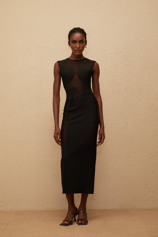 Dayana Black Maxi Dress Knitted Mesh Panel Round Neck Sleeveless Rear Slit Zip Fastening 90% Rayon 9% Nylon 1% Spandex