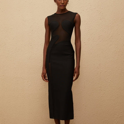 Dayana Black Maxi Dress Knitted Mesh Panel Sleeveless Rear Slit Zip Fastening