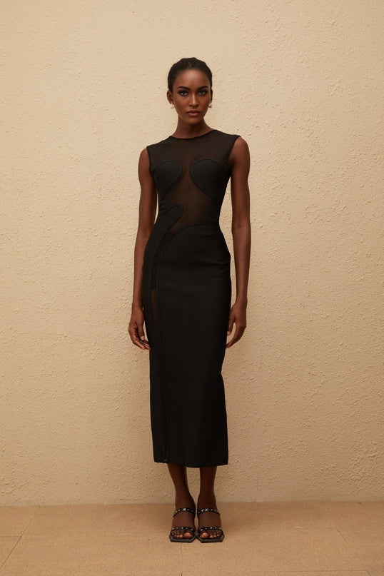 Dayana Black Maxi Dress Knitted Mesh Panel Sleeveless Rear Slit Zip Fastening