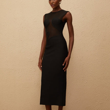 Dayana Black Maxi Dress Knitted Mesh Panel Sleeveless Round Neck Rear Slit Zip Fastening Formal Events Special Occasions Luxurious Blend Comfort Style