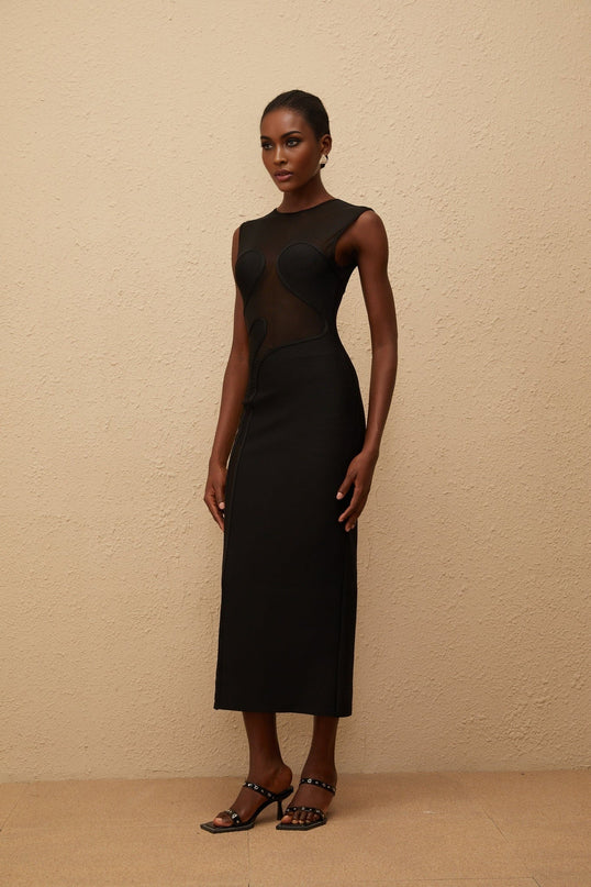 Dayana Black Maxi Dress Knitted Mesh Panel Sleeveless Round Neck Rear Slit Zip Fastening Formal Events Special Occasions Luxurious Blend Comfort Style
