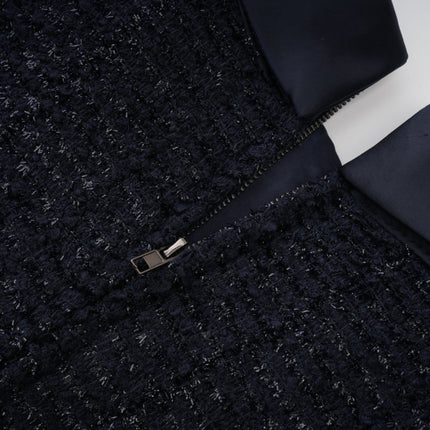 Dayana Blue Maxi Dress Navy Tweed Satin Finish Crystal Embellished Buttons Peplum Waist Front Flap Pockets Floor-Length Terylene Cotton Metallic Fiber
