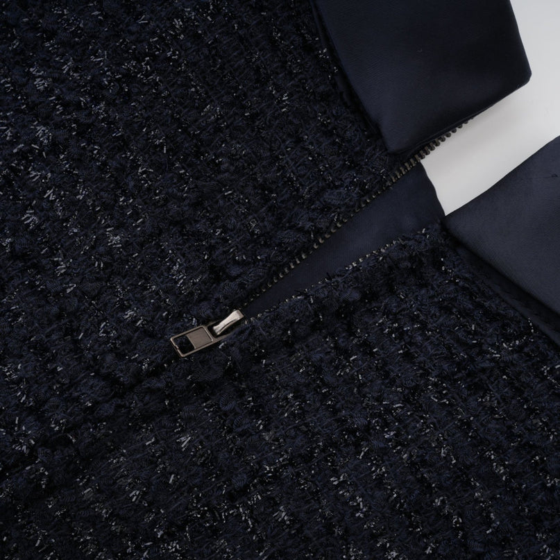 Dayana Blue Maxi Dress Navy Tweed Satin Finish Crystal Embellished Buttons Peplum Waist Front Flap Pockets Floor-Length Terylene Cotton Metallic Fiber