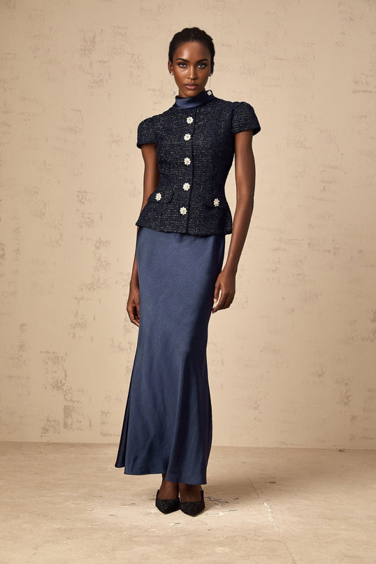 Dayana Blue Maxi Dress Navy Tweed Satin Finish Short Sleeve Peplum Waist Crystal Buttons Front Pockets Floor Length Terylene Cotton Metallic Fiber