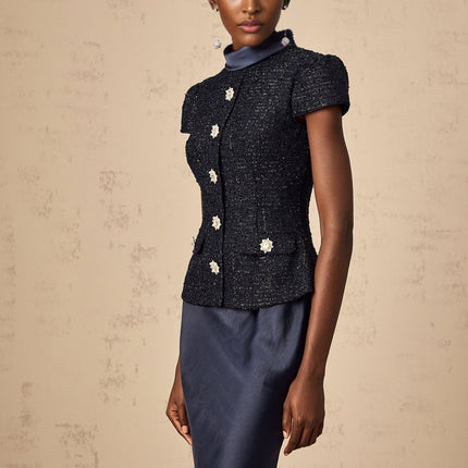 Dayana Blue Maxi Dress Navy Tweed Satin Finish Peplum Waist Crystal Buttons Flap Pockets Floor Length