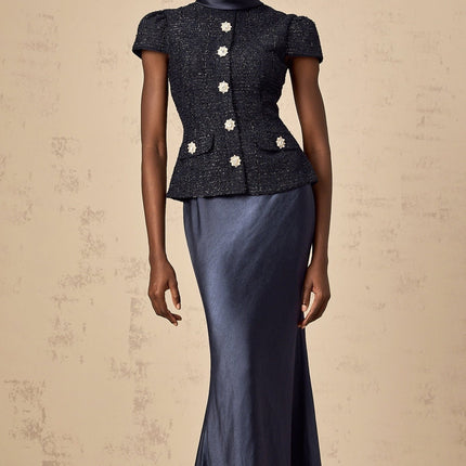Dayana Blue Maxi Dress Navy Tweed Satin Finish Short Sleeve Peplum Waist Crystal Embellished Buttons Front Flap Pockets Floor Length